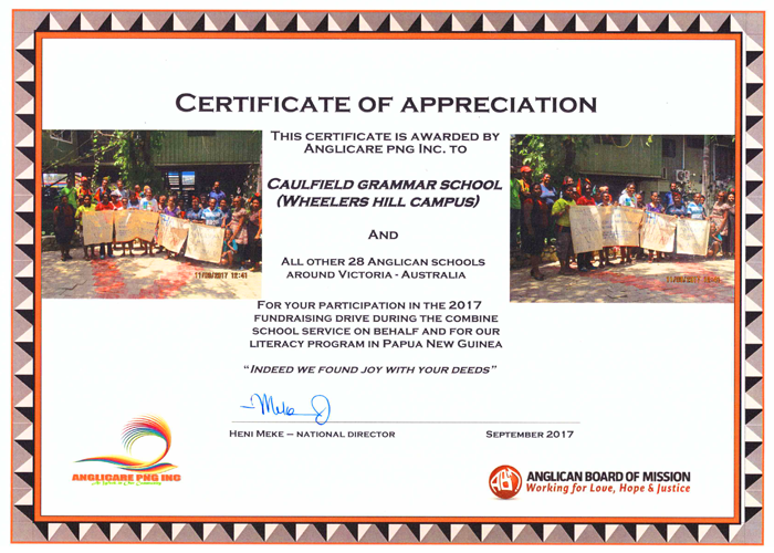 Certificate of Appreciation from Anglicare PNG