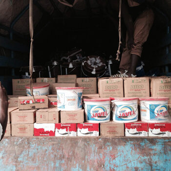 Sanitation and hygiene supplies - bleach, gloves, ready for unloading and distribution.  ©ERD 2014 