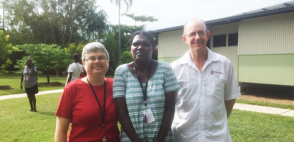 Mrs Annette Anderson and Bishop Greg Anderson with Leander Girrabul at Nungalinya College. © Diocese of the Northern Territory.