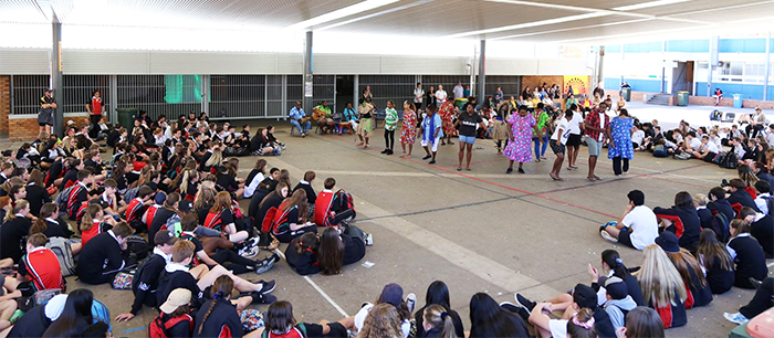 Members of the Bamaga group perform cultural dances during NAIDOC celebrations at Dubbo South High School.