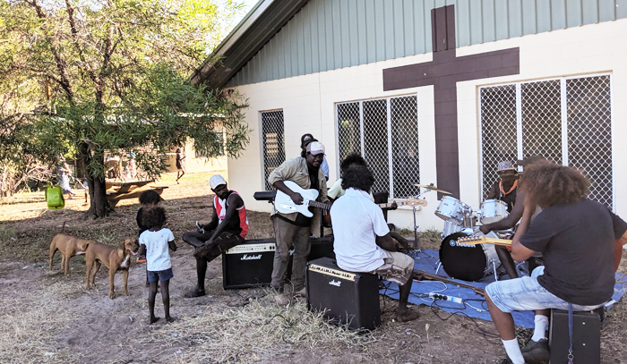 The Gunbalanya Men’s Music Initiative began because some older men were worried about the younger men getting in trouble and wanted to share the good news with them through music and give the boys and men something better to do. © M Pearson, Diocese of the Northern Territory, 2019.