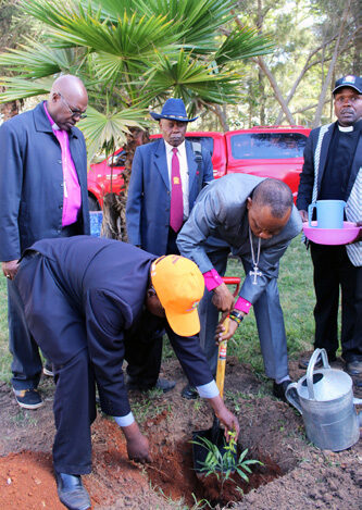 Taken at the Men’s Mentoring Forum, the guest-facilitator the Bishop of Nakuru Diocese plants a tree as the Bishop of Machakos looks on. Help give growth to this project. © Diocese of Machakos Kenya, 2017. Used with permission.