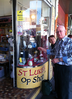 Andy Serafin with regular customer Georgina at St Luke's Op shop. © Moya Holle 2015