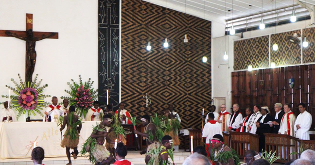 Newly enthroned Archbishop George and Gospel procession at St Barnabas Cathedral, Honiara
