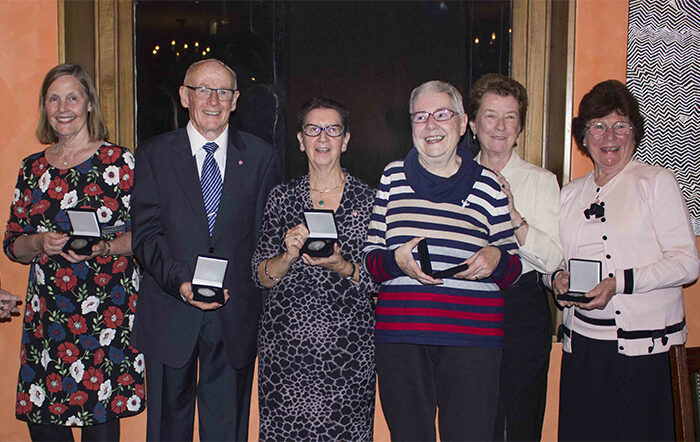 Left to right: Coaldrake Award recipients Julianne Stewart, Howard Graham, Tricia Graham, Denise Wilson, Colleen Hodge and Judy Howarth. © Vivienne For/ABM.