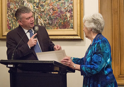 The Rev John Deane acknowledging Beverley Dykes for her term as Associates' Representative on the ABM Board. ©Vivienne For/ABM 2016