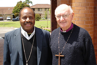 From left, Bishop James Ligo with former ABM Chair, the late Bishop Bob Butterss during his visit to Australia in 2008. © ABM.