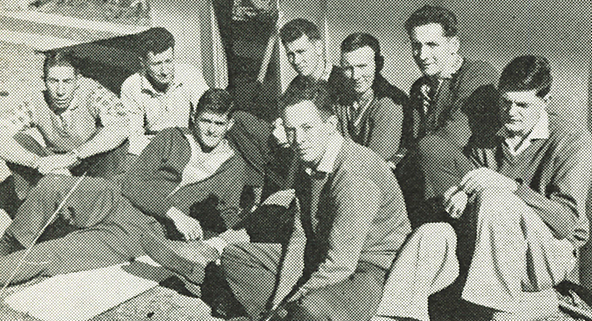 From left to right: Missionaries in training, Alf Pallier, John Willmott, Jeff Acworth, Don Mortimer (seated behind), John Grainger (front centre), Phil Shea, Alan White and Bob Driver. © ABM 1962.