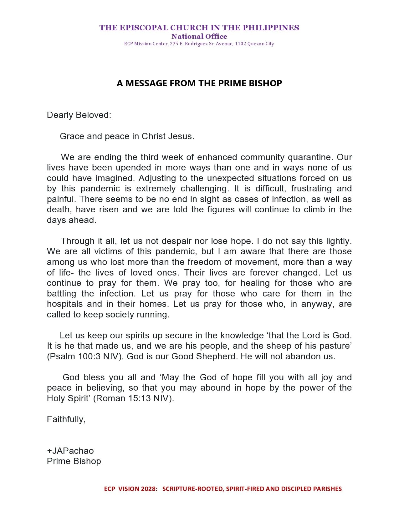 Message of The Most Rev. Joel A. Pachao