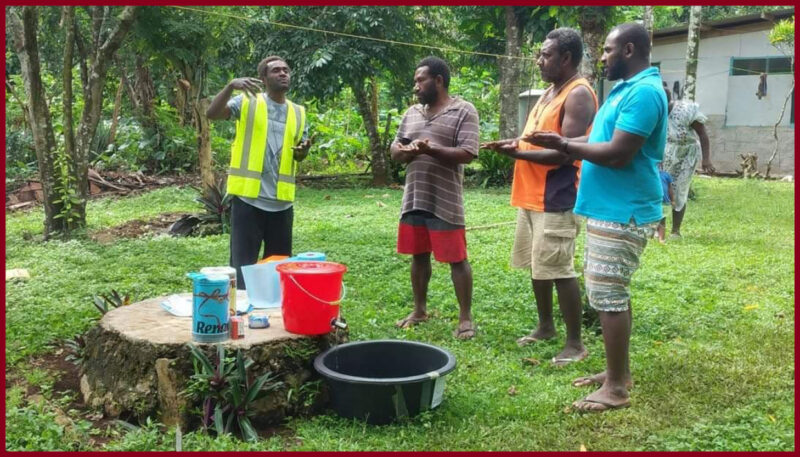 Community awareness-raising about COVID-19 in rural Santo, Vanuatu. © ACOM, Vanuatu, June, 2020.