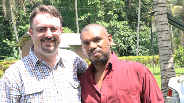 Partnerships Coordinator Robert McLean with Leki Kambari. © Fr Nick Mkaronda, 2019.