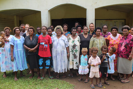 Literacy Coordinator, Beverley Rihai (far left with baby) and Isabel Robinson (fifth from left) with the Chapius Literacy Class in Vanuatu.