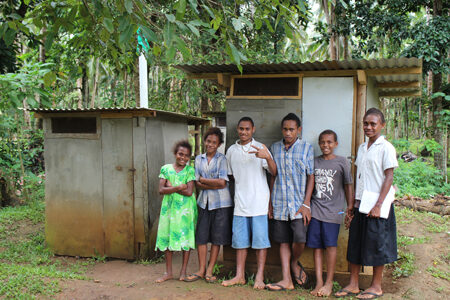 Students at St Barnabas School, Vanuatu, with their new VIP toilets.