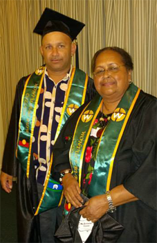 Graduates James Mosby and his aunt Nazareth Mosby show off their Cert III Theology and Ministry certificates. ©Wontulp-Bi-Buya 2014