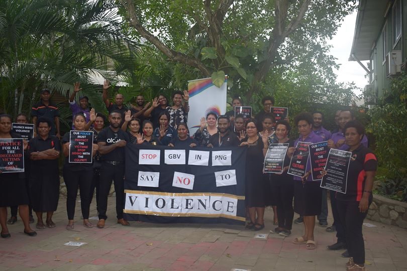 Anglicare PNG staff ready to begin their Port Moresby protest against violence against women and girls © Anglicare PNG Inc